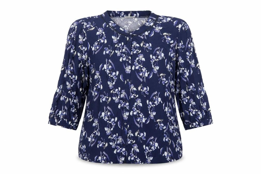 Fransa Womens Blue Floral Viscose Basic Button-Up Size M Round Neck