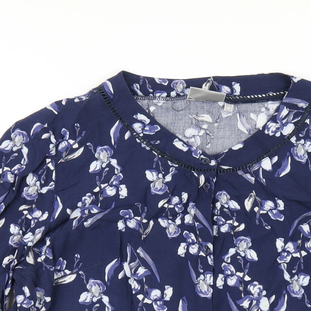 Fransa Womens Blue Floral Viscose Basic Button-Up Size M Round Neck