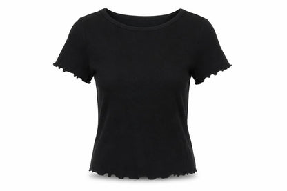 Front view of ASOS women’s black cotton basic t-shirt, size UK 6, round neck