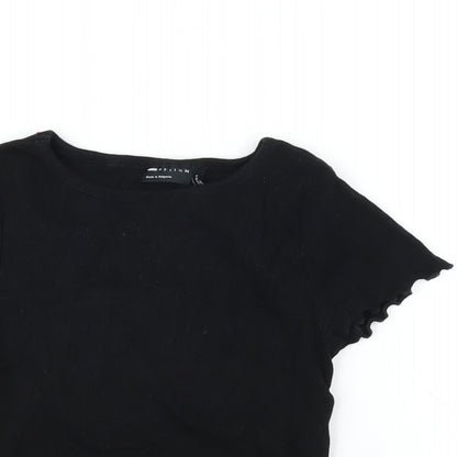 Close-up detail of ASOS women’s black cotton basic t-shirt, size UK 6, round neck