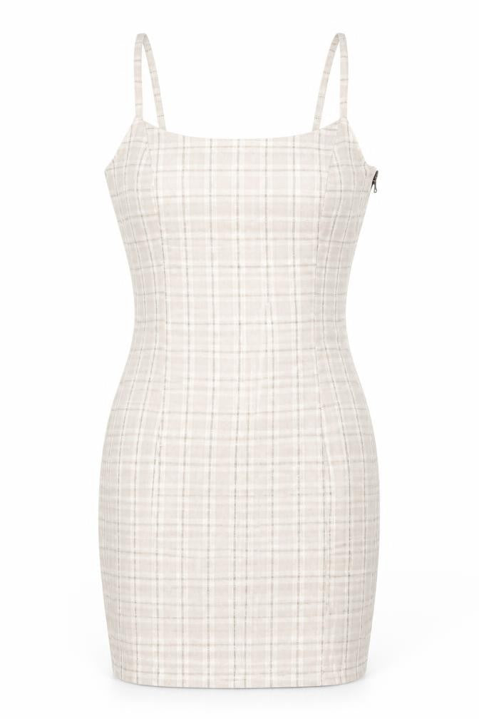 H&M Womens Beige Plaid Cotton Bodycon Size 8 Square Neck Zip