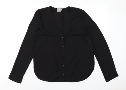 Additional front view of ASOS women’s black polyester basic button-up, size UK 14, v-neck