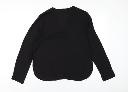 Back view of ASOS women’s black polyester basic button-up, size UK 14, v-neck