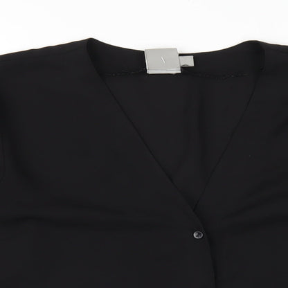 Close-up detail of ASOS women’s black polyester basic button-up, size UK 14, v-neck