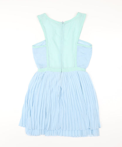 Back view of Missguided women’s blue polyester a-line, size UK 8, round neck zip