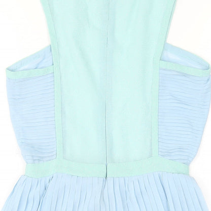 Brand and care label for Missguided women’s blue polyester a-line, size UK 8, round neck zip