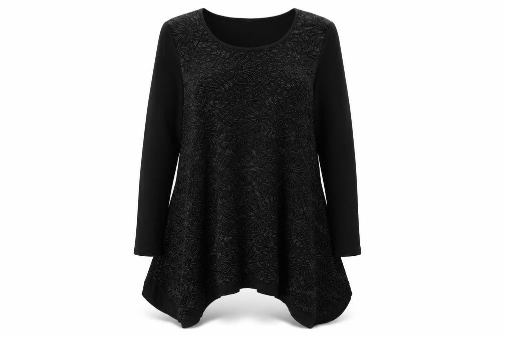Stella Womens Black Floral Polyester Basic T-Shirt Size 12 Round Neck