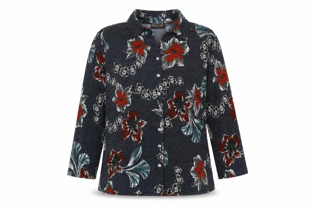 Anna Rose Womens Blue Floral Polyester Basic Button-Up Size L Collared