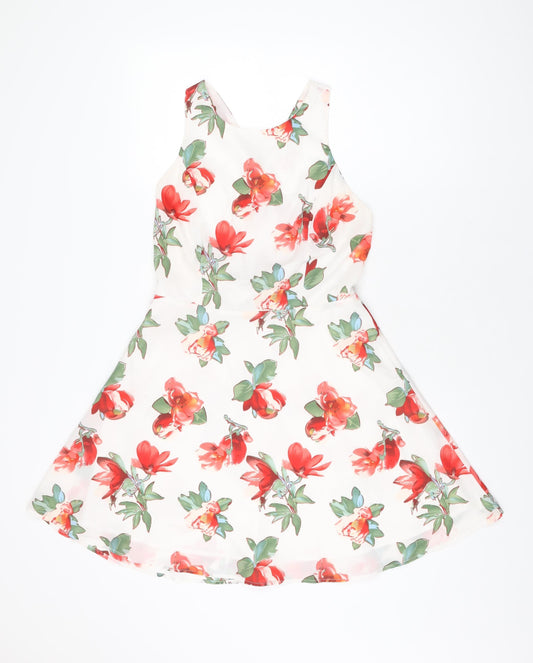 Luc-Ce Womens White Floral Polyester Skater Dress Size M Round Neck Zip