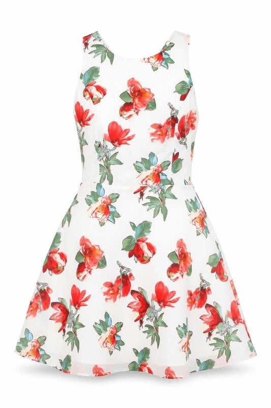 Luc-Ce Womens White Floral Polyester Skater Dress Size M Round Neck Zip
