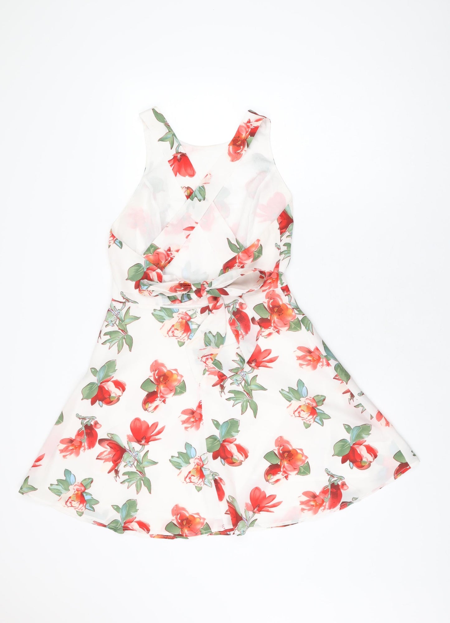 Luc-Ce Womens White Floral Polyester Skater Dress Size M Round Neck Zip