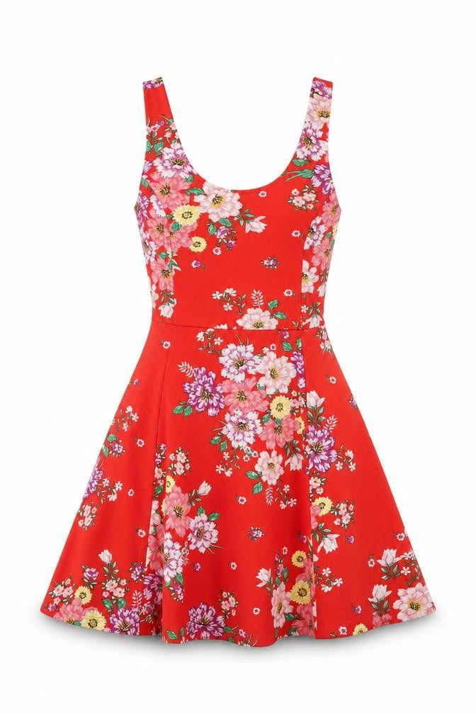 H&M Womens Red Floral Polyester Skater Dress Size 6 Scoop Neck Pullover