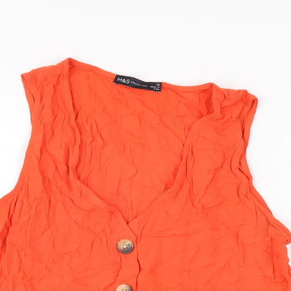 Marks & Spencer Womens Red Viscose Basic Button-Up Size 12 V-Neck