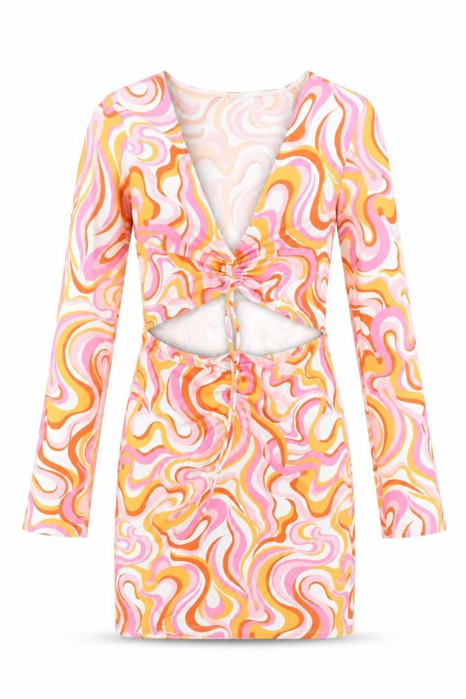 H&M Womens Multicoloured Geometric Polyester Bodycon Size M V-Neck Drawstring