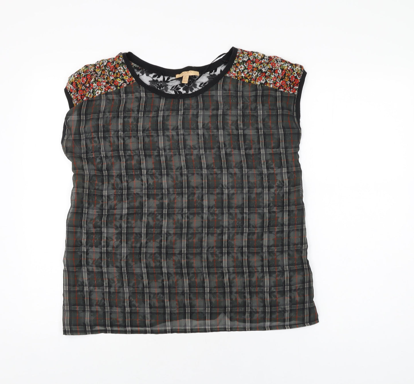 Zara Womens Green Plaid Polyester Basic T-Shirt Size S Round Neck