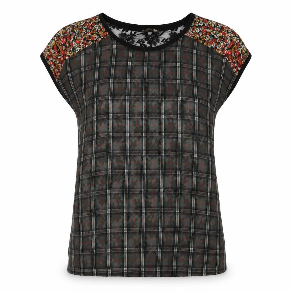 Zara Womens Green Plaid Polyester Basic T-Shirt Size S Round Neck