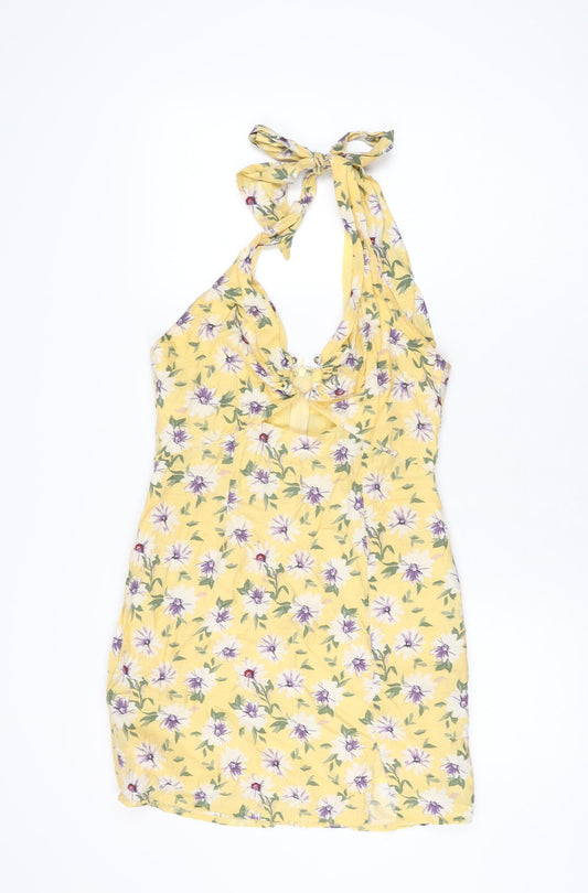Here Comes The Sun Womens Yellow Floral Cotton Mini Size 10 Halter Zip