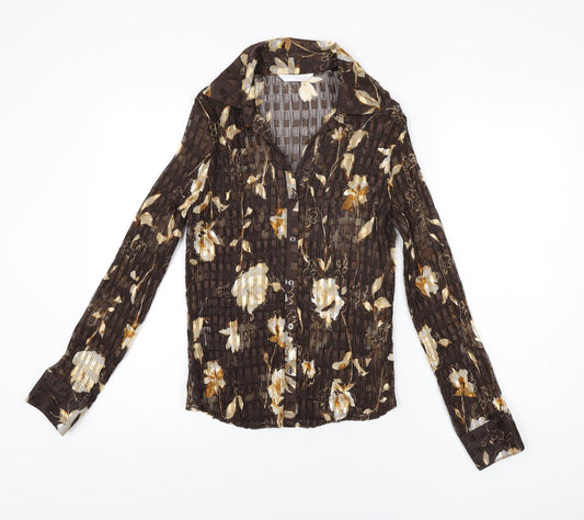 AMARANTO Womens Brown Floral Polyester Basic Button-Up Size 14 Collared