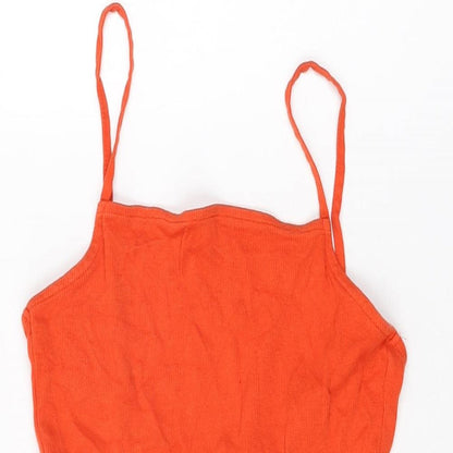 Close-up detail of ASOS women’s orange modal mini, size UK 10, square neck pullover