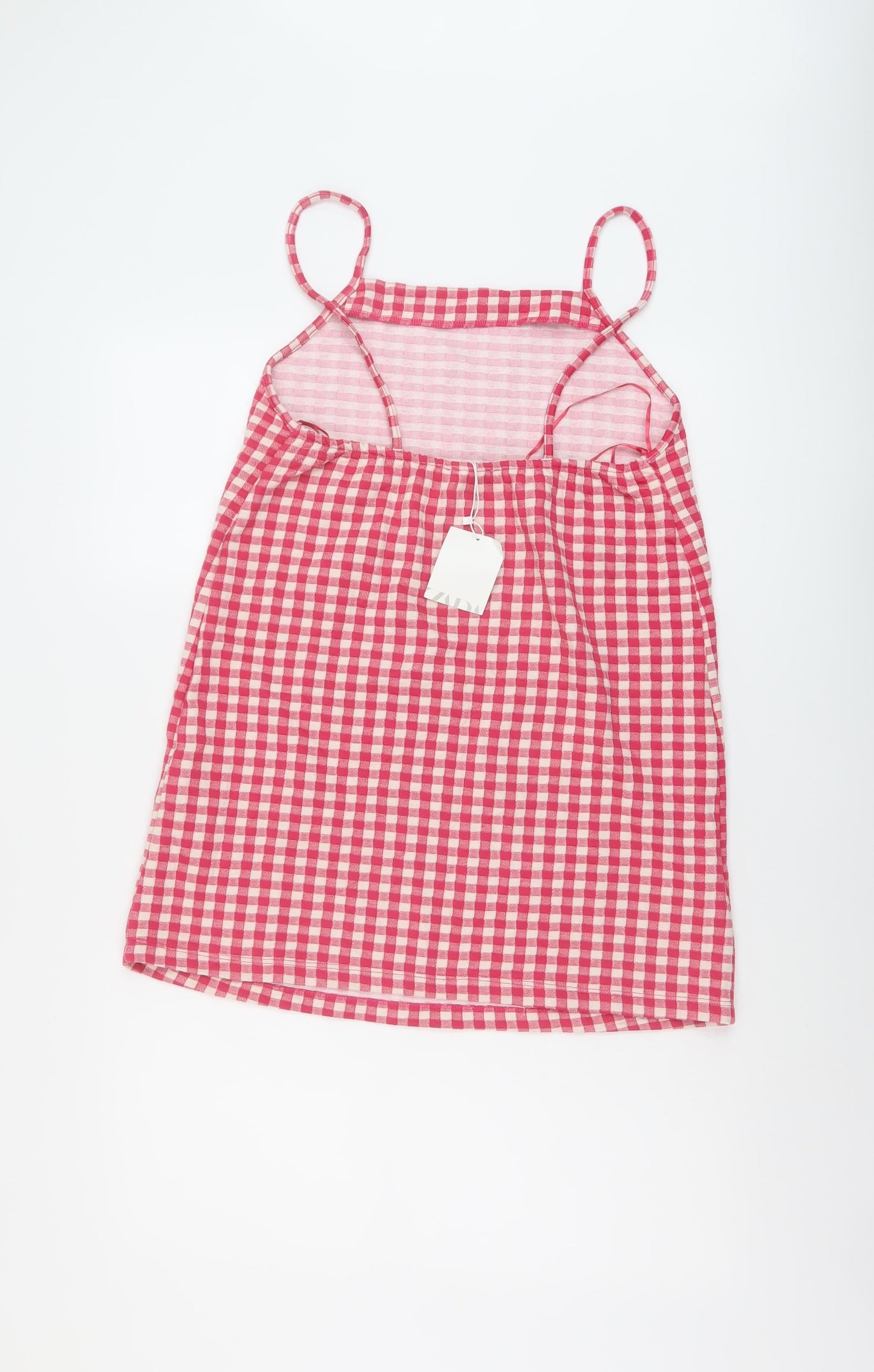 Zara Womens Pink Check Cotton Mini Size M Square Neck Pullover