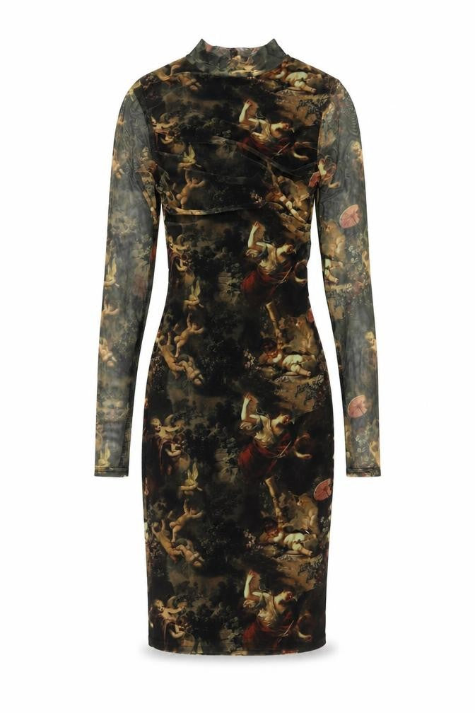 PRETTYLITTLETHING Womens Green Geometric Polyester Bodycon Size 6 Mock Neck Zip