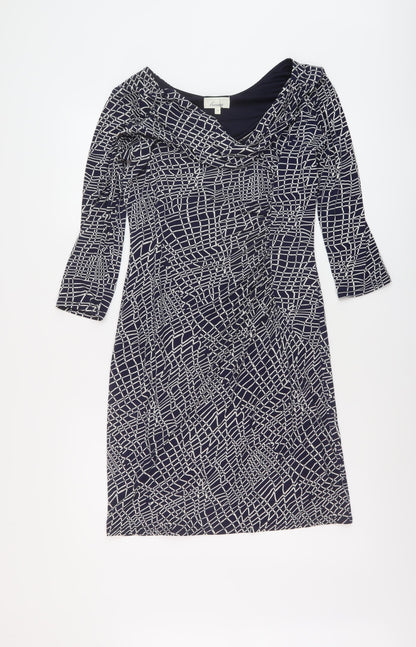 Additional front view of Linea women’s blue geometric polyester pencil dress, size UK 12, collared pullover