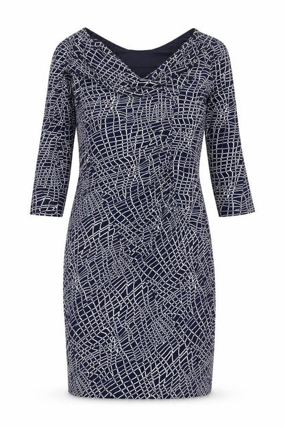 Front view of Linea women’s blue geometric polyester pencil dress, size UK 12, collared pullover