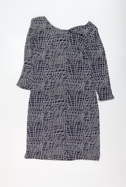 Back view of Linea women’s blue geometric polyester pencil dress, size UK 12, collared pullover