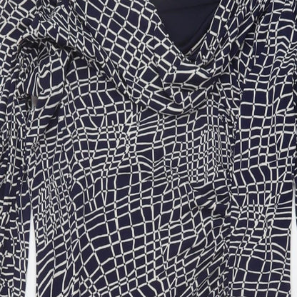 Close-up detail of Linea women’s blue geometric polyester pencil dress, size UK 12, collared pullover