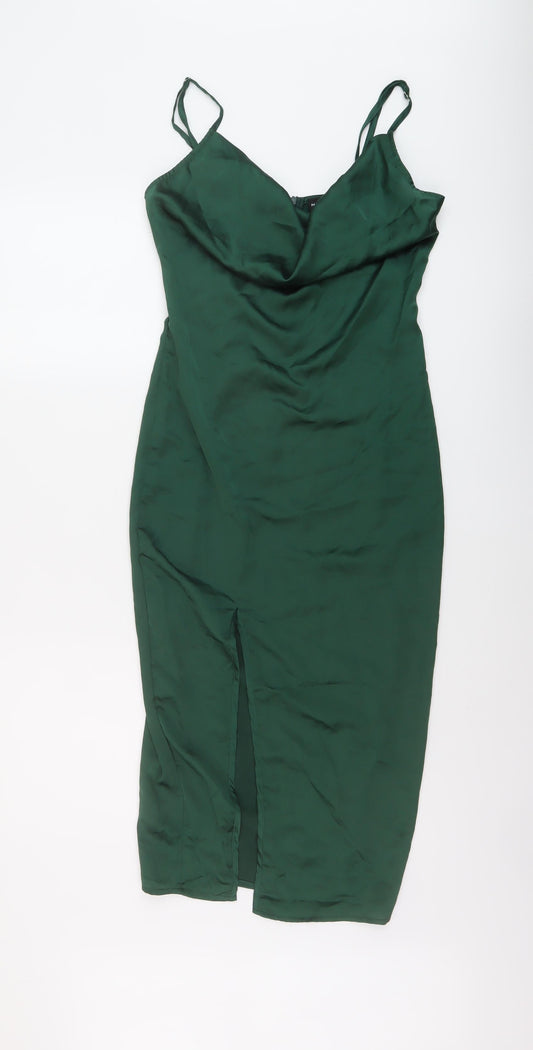 PRETTYLITTLETHING Womens Green Polyester Slip Dress Size 6 Cowl Neck Zip