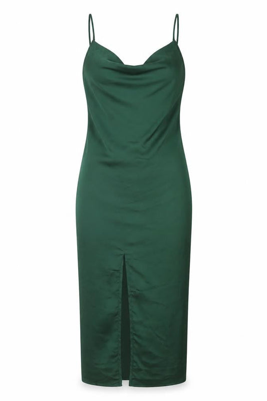 PRETTYLITTLETHING Womens Green Polyester Slip Dress Size 6 Cowl Neck Zip