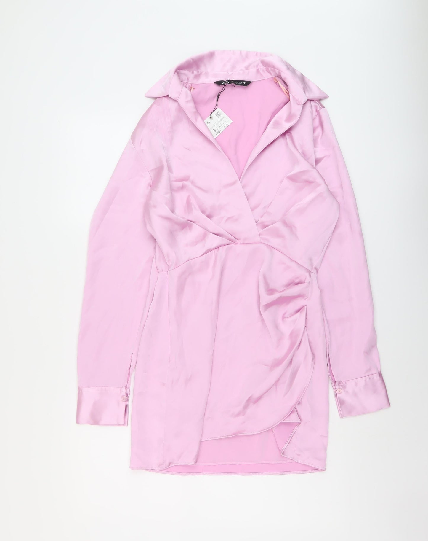 Zara Womens Pink Polyester Shirt Dress Size S V-Neck Zip