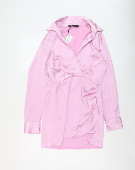 Zara Womens Pink Polyester Shirt Dress Size S V-Neck Zip