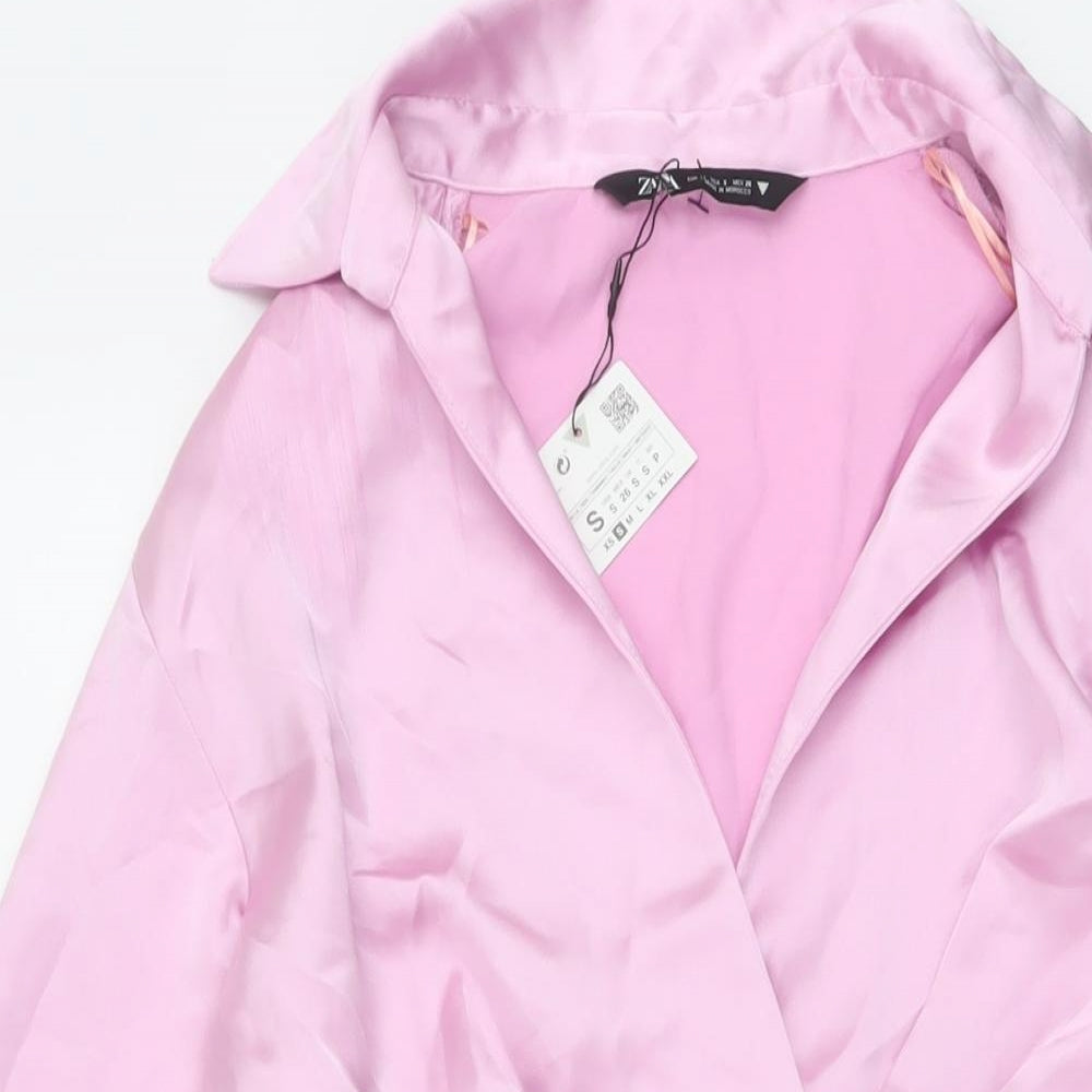 Zara Womens Pink Polyester Shirt Dress Size S V-Neck Zip