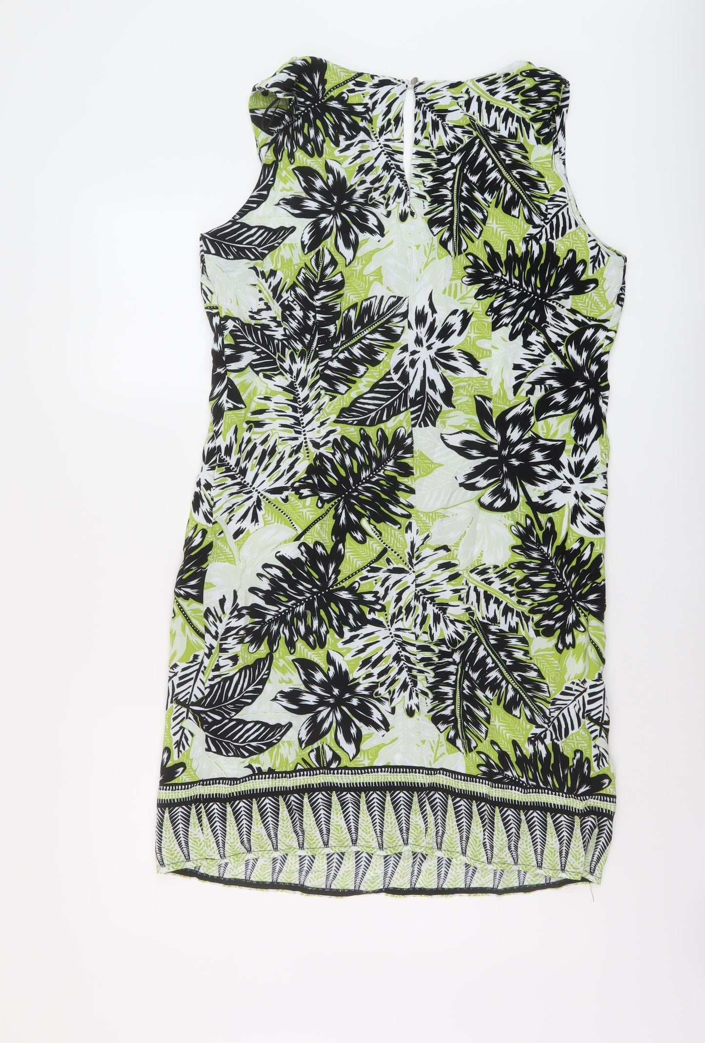 Wallis Womens Green Geometric Viscose Tank Dress Size 14 V-Neck Button