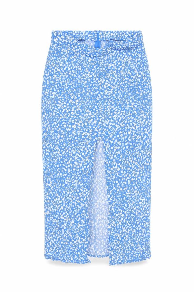 Pull&Bear Womens Blue Floral Viscose Straight & Pencil Skirt Size L Zip - Front Slit Rouched
