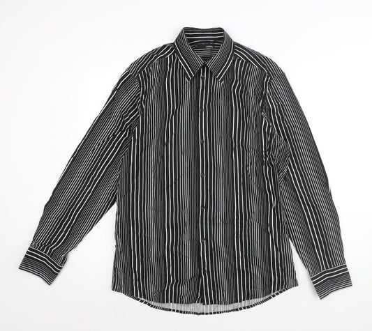 Conwell Mens Black Striped Cotton Button-Up Size L Collared Button