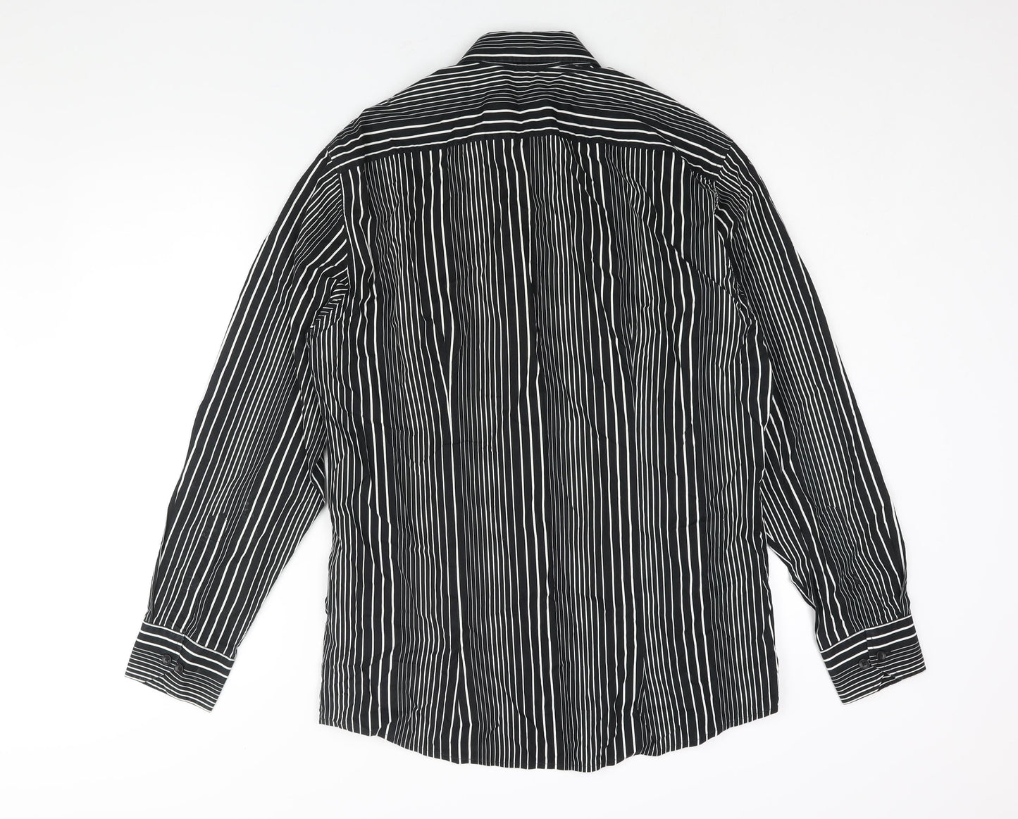 Conwell Mens Black Striped Cotton Button-Up Size L Collared Button