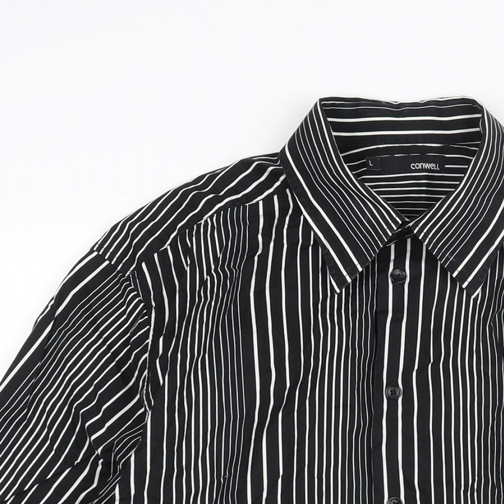 Conwell Mens Black Striped Cotton Button-Up Size L Collared Button