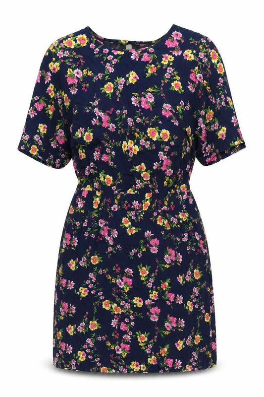 Warehouse Womens Blue Floral Viscose Shift Size 16 Round Neck Button