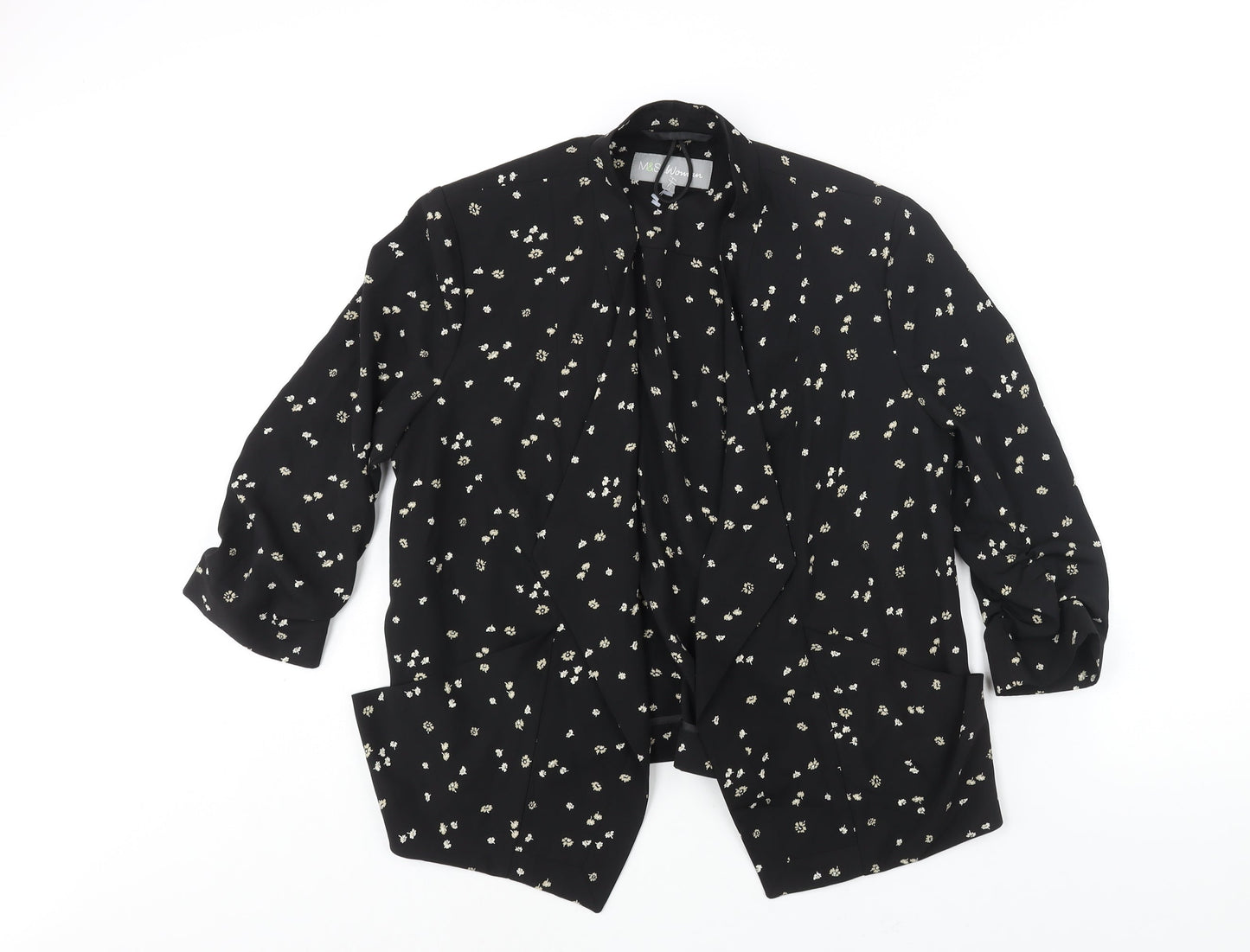 Marks and Spencer Womens Black Floral Jacket Size 12 - Rouched Sleeve Detail