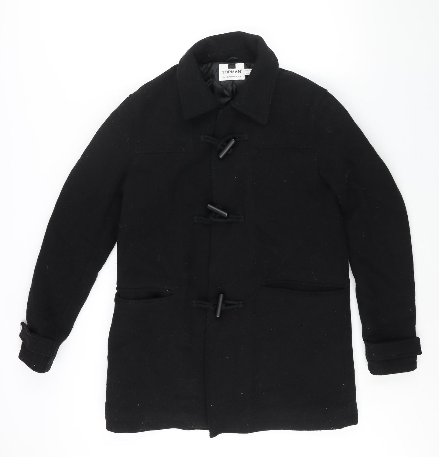 Topman Mens Black Pea Coat Coat Size S Snap