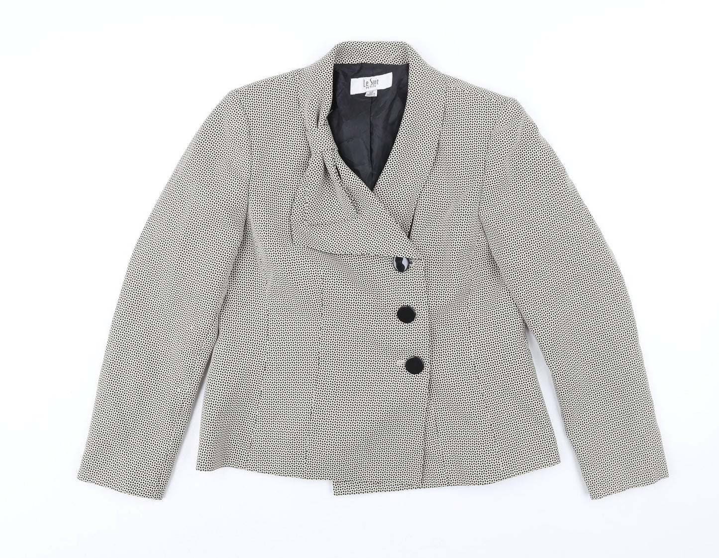 Le Suit Womens Beige Geometric Jacket Size 10 Button - Bow Detail
