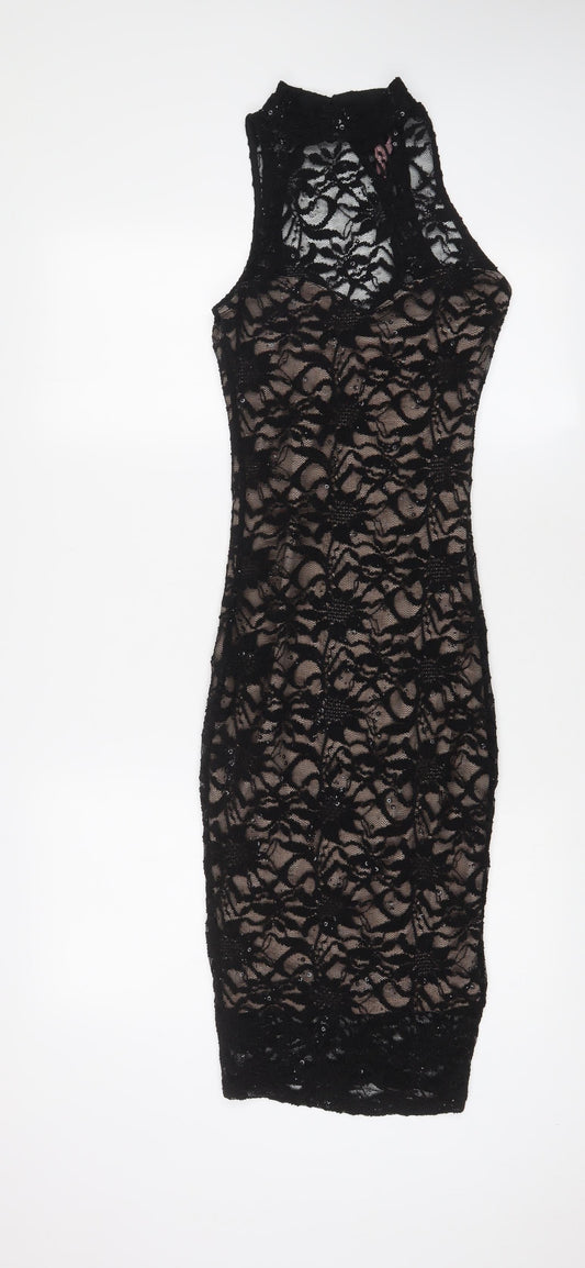 Lipsy Womens Black Nylon Bodycon Size 10 Round Neck Button