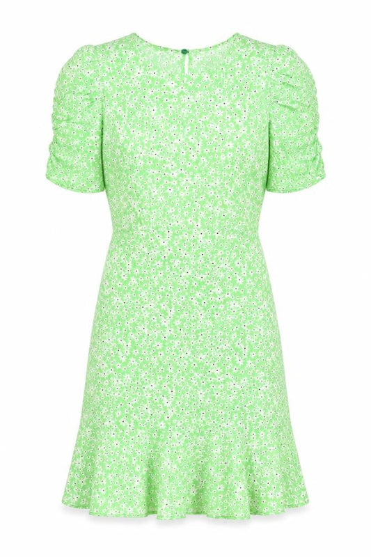 New Look Womens Green Floral Viscose A-Line Size 8 Crew Neck Button