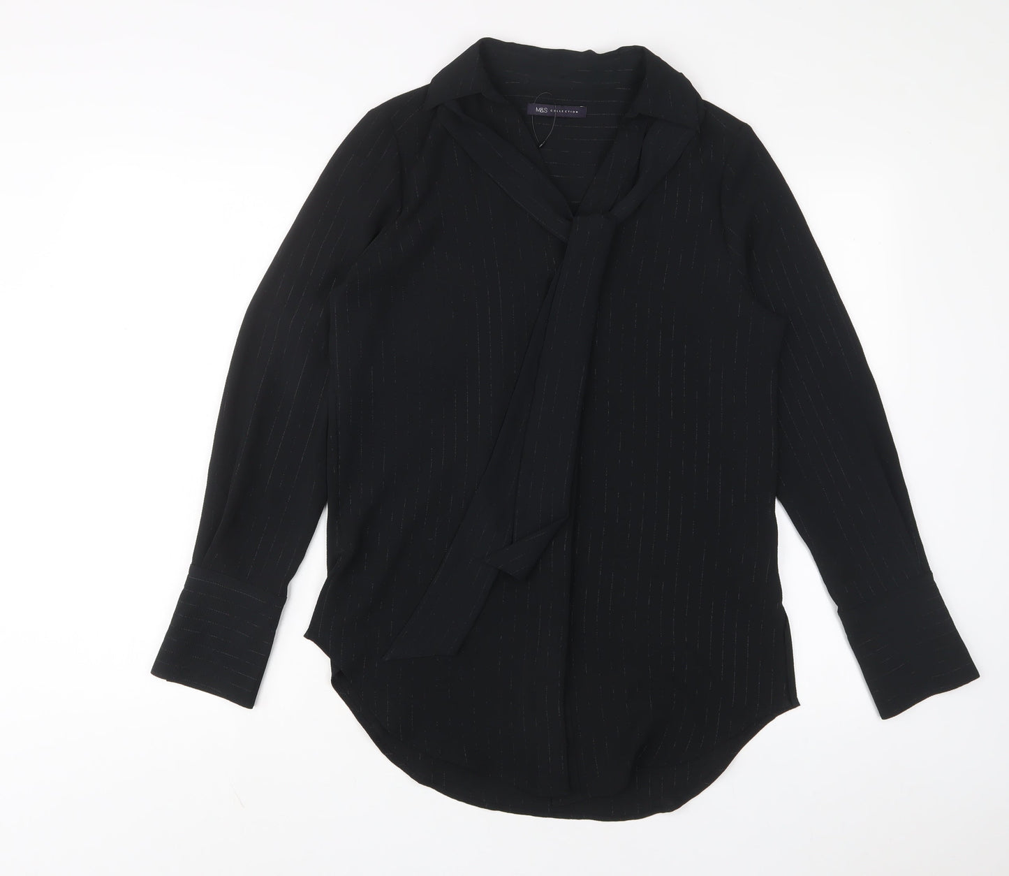 Marks and Spencer Womens Black Striped Polyester Basic Button-Up Size 8 Collared