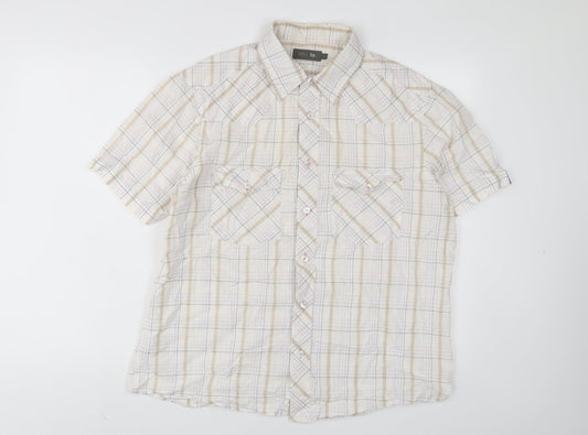 Marks and Spencer Mens White Plaid Polyester Button-Up Size L Collared Button