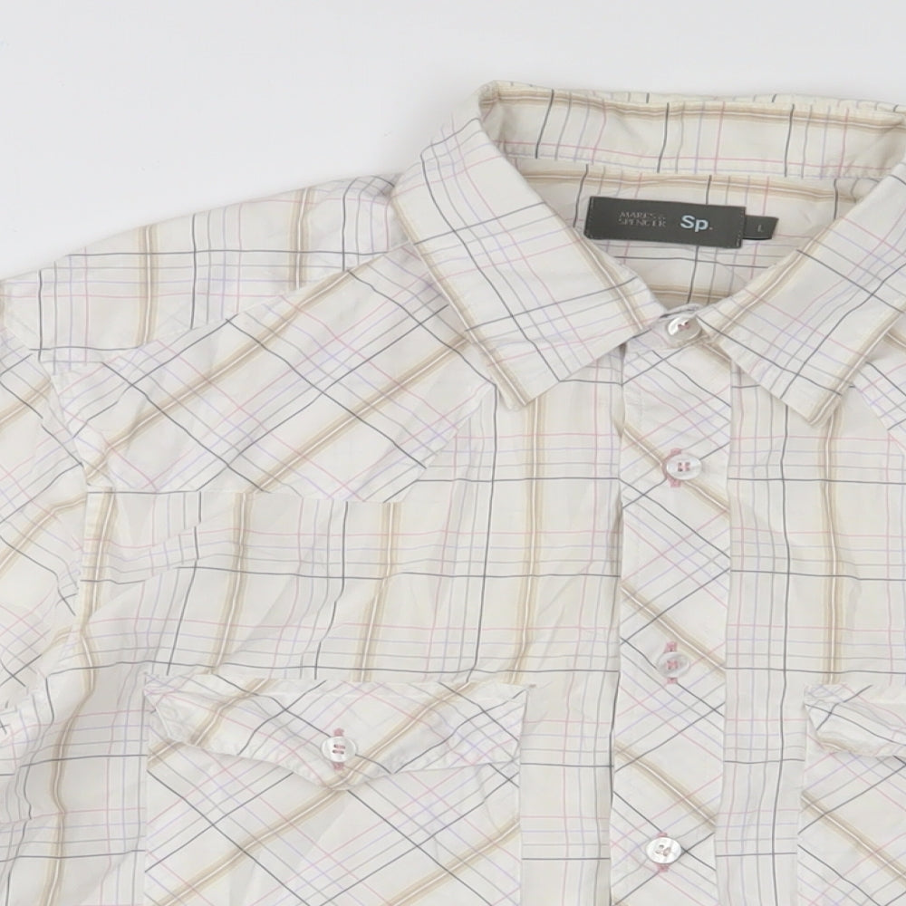 Marks and Spencer Mens White Plaid Polyester Button-Up Size L Collared Button