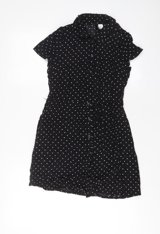 H&M Womens Black Geometric Viscose A-Line Size 10 Collared Button