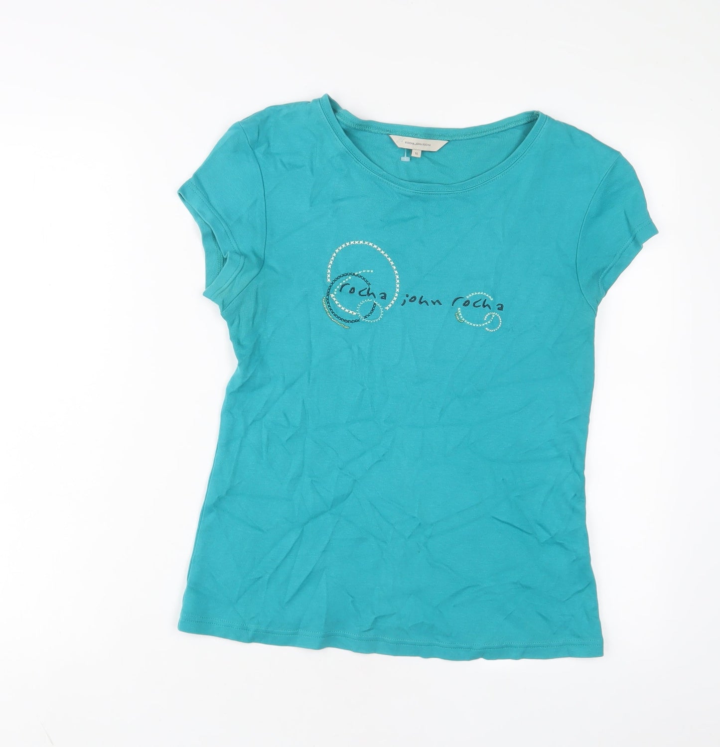 RJR.John Rocha Womens Blue Cotton Basic T-Shirt Size 14 Crew Neck - Embroidered